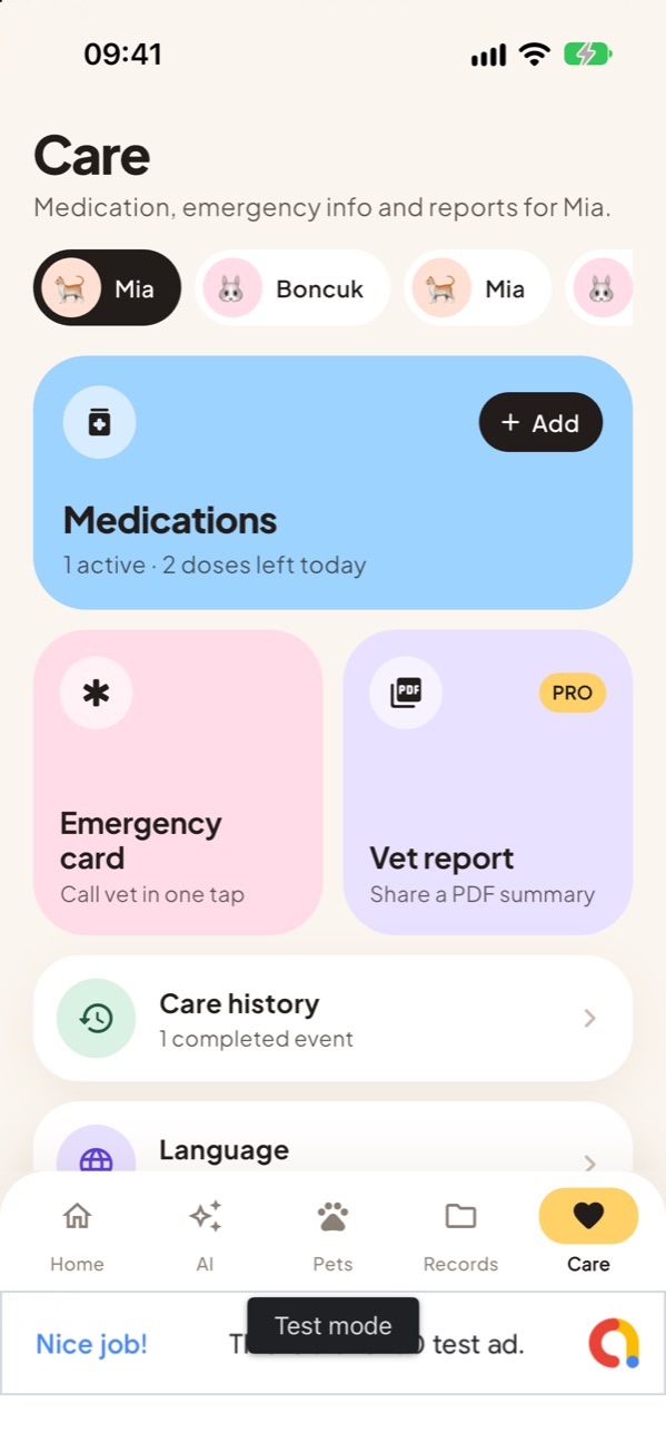 Care screen with medications, emergency card and vet report