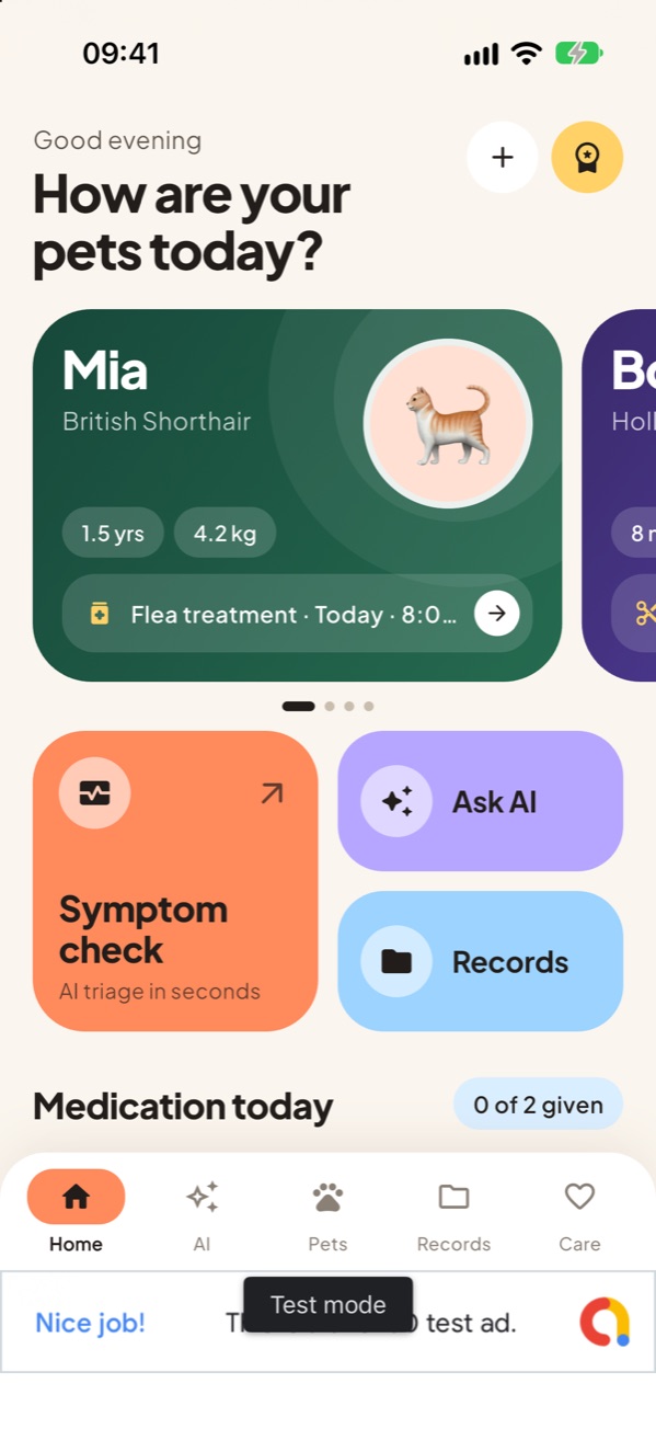 Petiko home screen with pet card, symptom check and medication