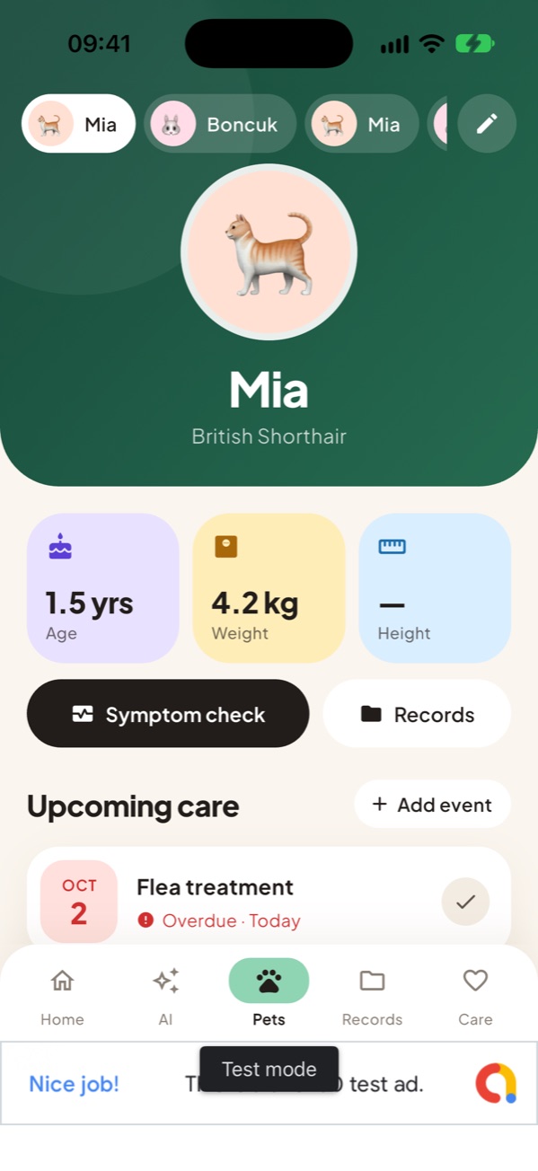 Pet profile with age, weight and upcoming care
